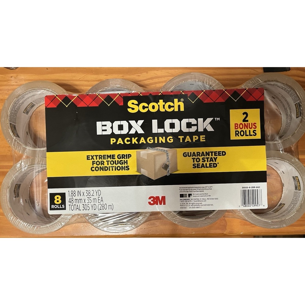 Scotch box lock packaging tape 3M , 8 Rolls Guaranteed to stay sealed- 305 Yds